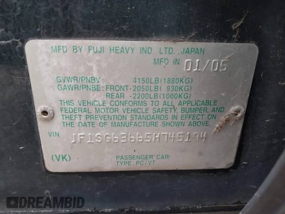 2005 Subaru Forester X with VIN JF1SG63665H745194, listed as a IAAI auction lot 43459909 with 242,317 mi miles and . Bid and sale history available at DreamBid. Image 9.