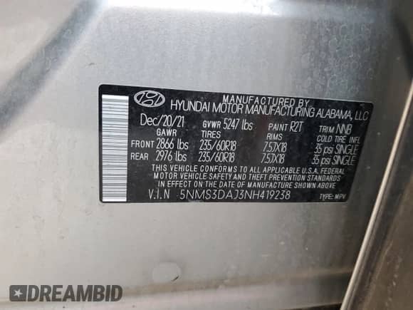 2022 Hyundai Santa Fe SEL с VIN 5NMS3DAJ3NH419238, выставлен на аукционе Copart как лот 70676735 с пробегом 62 563 миль миль и Списание • Salvage title. История ставок и продаж доступна на DreamBid. Изображение 14.
