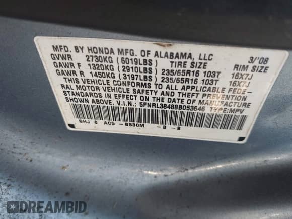 2008 Honda Odyssey EX z VIN 5FNRL38488B053646, wystawiony jako IAAI lot #43255660 z przebiegiem 142 015 mil mil oraz . Historia ofert i sprzedaży dostępna na DreamBid. Obrazek 9.