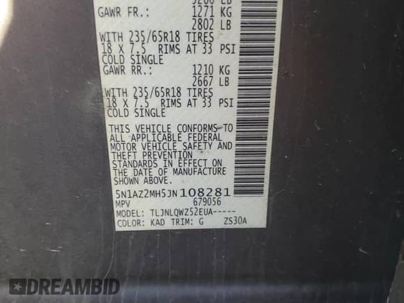 2018 Nissan Murano SV с VIN 5N1AZ2MH5JN108281, выставлен на аукционе Copart как лот 86487665 с пробегом 186 860 миль миль и Списание • Salvage title. История ставок и продаж доступна на DreamBid. Изображение 13.