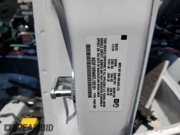 2015 Chevrolet SS with VIN 6G3F15RW6FL105101, listed as a Copart auction lot 57338535 with Not provided miles and Salvage title. Bid and sale history available at DreamBid. Image 13.
