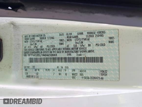 2010 Ford Econoline Cargo Commercial with VIN 1FTNE2EL1ADA10665, listed as a IAAI auction lot 41861433 with 183,657 mi miles and . Bid and sale history available at DreamBid. Image 9.