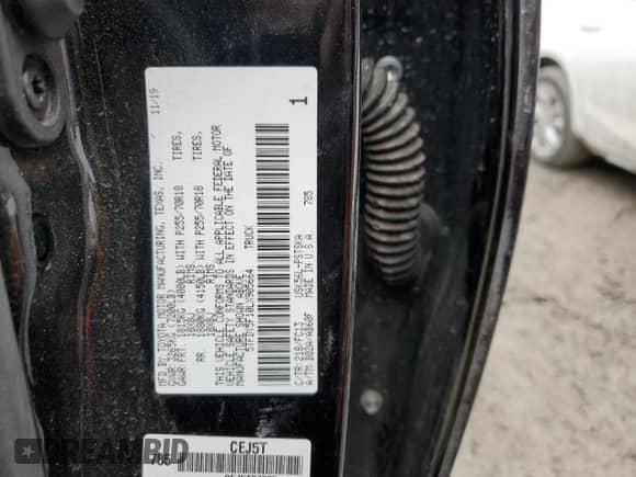 2020 Toyota Tundra SR5 with VIN 5TFDY5F10LX905664, listed as a Copart auction lot 43114045 with 59,322 mi miles and Salvage title. Bid and sale history available at DreamBid. Image 12.