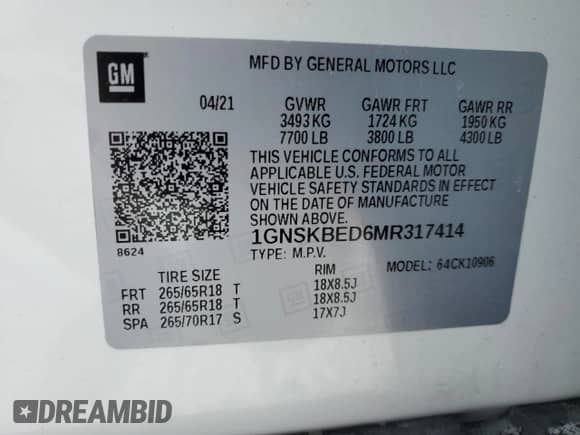 2021 Chevrolet Suburban LS с VIN 1GNSKBED6MR317414, выставлен на аукционе Copart как лот 45679735 с пробегом 26 198 миль миль и Списание • Salvage title. История ставок и продаж доступна на DreamBid. Изображение 13.