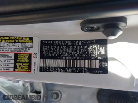 2018 Toyota Camry XSE z VIN 4T1B61HK6JU130616, wystawiony jako IAAI lot #43458207 z przebiegiem 136 344 mil mil oraz . Historia ofert i sprzedaży dostępna na DreamBid. Obrazek 9.