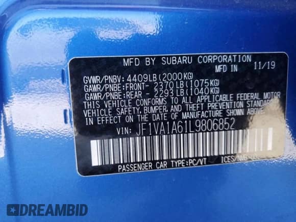 2020 Subaru WRX z VIN JF1VA1A61L9806852, wystawiony jako Copart lot #85800895 z przebiegiem 50 215 mil mil oraz Czysty tytuł • Clean title. Historia ofert i sprzedaży dostępna na DreamBid. Obrazek 10.