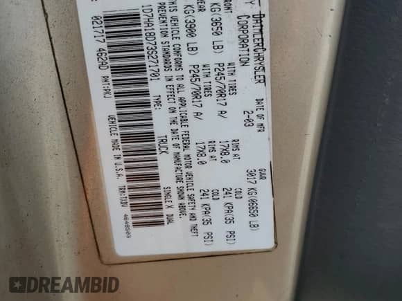 2003 Dodge 1500 ST with VIN 1D7HA18D73S271701, listed as a Copart auction lot 66928405 with 184,859 mi miles and Salvage title. Bid and sale history available at DreamBid. Image 13.