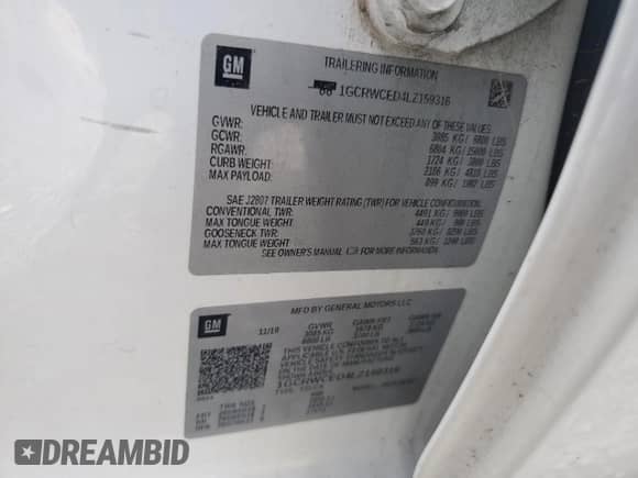 2020 Chevrolet Silverado 1500 LT z VIN 1GCRWCED4LZ159316, wystawiony jako Copart lot #70672545 z przebiegiem Nie podano mil oraz Szkoda całkowita • Salvage title. Historia ofert i sprzedaży dostępna na DreamBid. Obrazek 12.