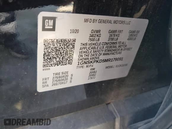 2021 Chevrolet Tahoe Z71 with VIN 1GNSKPKD5MR179091, listed as a Copart auction lot 71183825 with 81,376 mi miles and Salvage title. Bid and sale history available at DreamBid. Image 13.