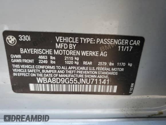 2018 BMW 3 Series 330i xDrive z VIN WBA8D9G55JNU71141, wystawiony jako Copart lot #58625265 z przebiegiem 41 648 mil mil oraz Nie do naprawy • Non repairable. Historia ofert i sprzedaży dostępna na DreamBid. Obrazek 12.