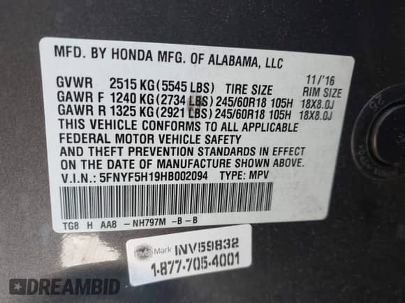 2017 Honda Pilot LX z VIN 5FNYF5H19HB002094, wystawiony jako IAAI lot #43111739 z przebiegiem 110 175 mil mil oraz . Historia ofert i sprzedaży dostępna na DreamBid. Obrazek 9.