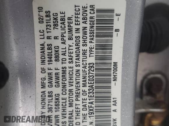 2010 Honda Civic с VIN 19XFA1E33AE037293, выставлен на аукционе Copart как лот 42107465 с пробегом Не указан миль и Списание • Salvage title. История ставок и продаж доступна на DreamBid. Изображение 15.