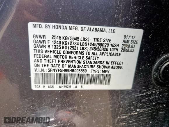 2017 Honda Pilot Touring с VIN 5FNYF5H99HB006569, выставлен на аукционе Copart как лот 70750315 с пробегом 64 275 миль миль и Списание • Salvage title. История ставок и продаж доступна на DreamBid. Изображение 13.