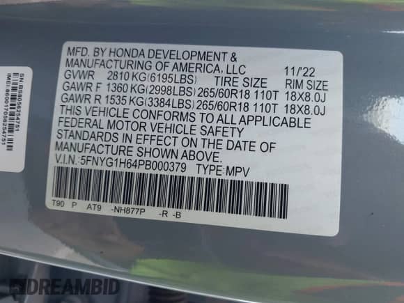 2023 Honda Pilot TrailSport with VIN 5FNYG1H64PB000379, listed as a IAAI auction lot 42990555 with 38,388 mi miles and . Bid and sale history available at DreamBid. Image 9.