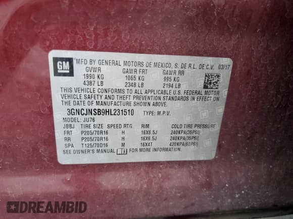 2017 Chevrolet Trax LS with VIN 3GNCJNSB9HL231510, listed as a Copart auction lot 86228145 with 98,722 mi miles and Salvage title. Bid and sale history available at DreamBid. Image 13.