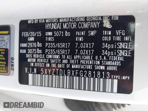 2015 Hyundai Santa Fe with VIN 5XYZTDLBXFG281813, listed as a IAAI auction lot 42885236 with 103,867 mi miles and . Bid and sale history available at DreamBid. Image 9.