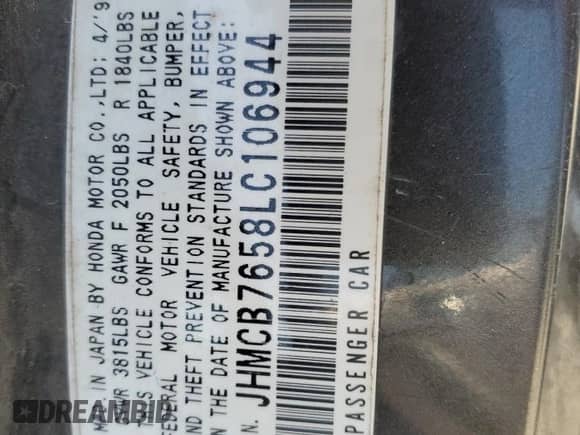 1990 Honda Accord LX z VIN JHMCB7658LC106944, wystawiony jako Copart lot #54325895 z przebiegiem 94 905 mil mil oraz Szkoda całkowita • Salvage title. Historia ofert i sprzedaży dostępna na DreamBid. Obrazek 12.