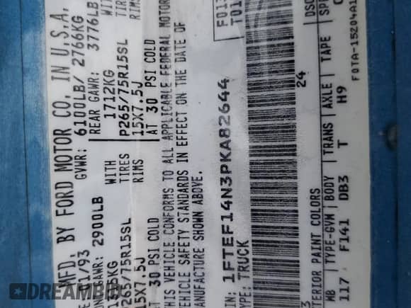 1993 Ford F-150 с VIN 1FTEF14N3PKA82644, выставлен на аукционе Copart как лот 59917485 с пробегом 161 387 миль миль и На запчасти • Non repairable. История ставок и продаж доступна на DreamBid. Изображение 13.