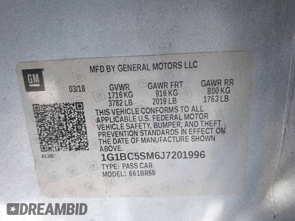 2018 Chevrolet Cruze LS z VIN 1G1BC5SM6J7201996, wystawiony jako IAAI lot #43451631 z przebiegiem 33 992 mil mil oraz . Historia ofert i sprzedaży dostępna na DreamBid. Obrazek 9.