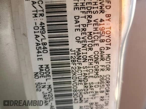 1997 Toyota Camry LE с VIN JT2BF22K0V0083043, выставлен на аукционе Copart как лот 80760315 с пробегом 194 236 миль миль и Списание • Salvage title. История ставок и продаж доступна на DreamBid. Изображение 12.