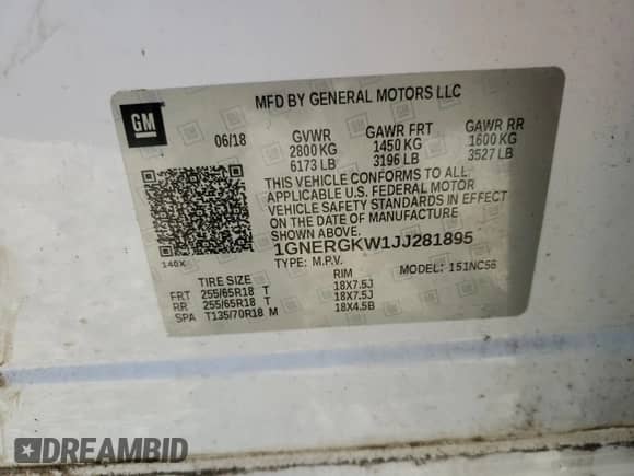 2018 Chevrolet Traverse LT Cloth with VIN 1GNERGKW1JJ281895, listed as a Copart auction lot 51934215 with Not provided miles and Salvage title. Bid and sale history available at DreamBid. Image 13.