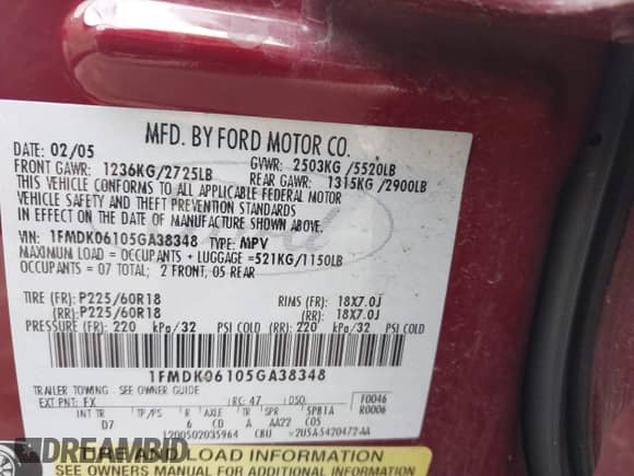 2005 Ford Freestyle Limited с VIN 1FMDK06105GA38348, выставлен на аукционе IAAI как лот 43052319 с пробегом Не указан миль и . История ставок и продаж доступна на DreamBid. Изображение 9.