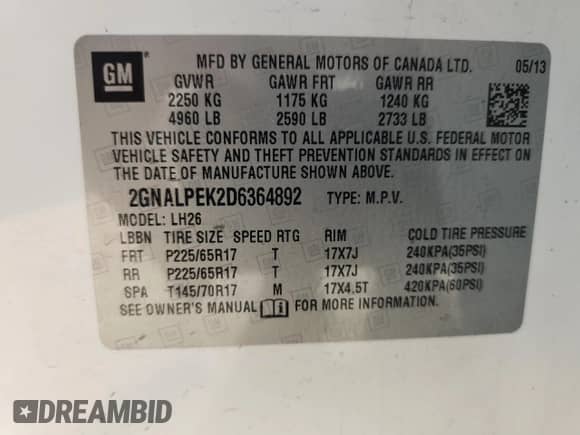 2013 Chevrolet Equinox LT z VIN 2GNALPEK2D6364892, wystawiony jako Copart lot #71058055 z przebiegiem 103 224 mil mil oraz Szkoda całkowita • Salvage title. Historia ofert i sprzedaży dostępna na DreamBid. Obrazek 14.
