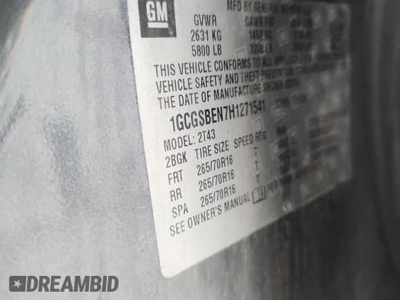 2017 Chevrolet Colorado 2WD WT with VIN 1GCGSBEN7H1271541, listed as a Copart auction lot 85378025 with Not provided miles and Salvage title. Bid and sale history available at DreamBid. Image 12.