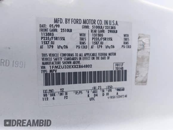 1999 Ford Explorer XLT с VIN 1FMZU32EXXZB64802, выставлен на аукционе IAAI как лот 43503435 с пробегом 199 026 миль миль и . История ставок и продаж доступна на DreamBid. Изображение 9.