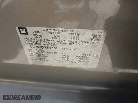 2017 GMC Sierra 1500 SLE with VIN 1GTV2MEC4HZ242534, listed as a IAAI auction lot 42534755 with 69,028 mi miles and . Bid and sale history available at DreamBid. Image 9.