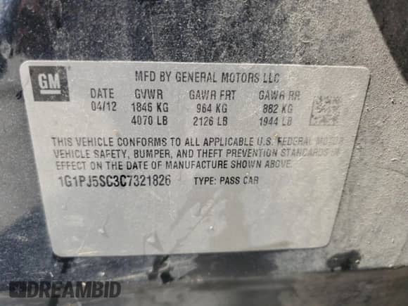 2012 Chevrolet Cruze ECO with VIN 1G1PJ5SC3C7321826, listed as a Copart auction lot 80884865 with 153,724 mi miles and Non repairable. Bid and sale history available at DreamBid. Image 12.