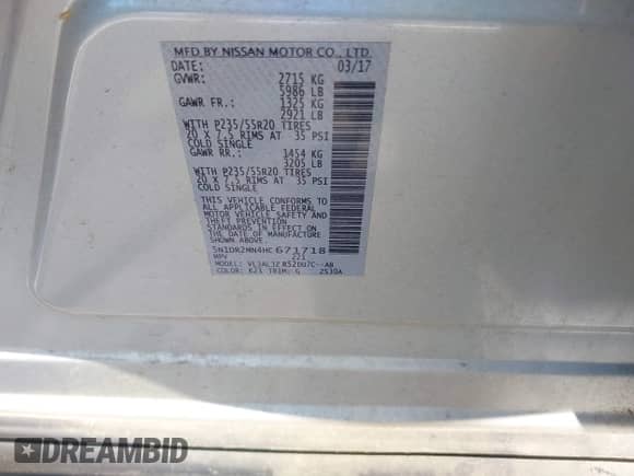 2017 Nissan Pathfinder S with VIN 5N1DR2MN4HC671718, listed as a IAAI auction lot 42799564 with 86,051 mi miles and . Bid and sale history available at DreamBid. Image 9.