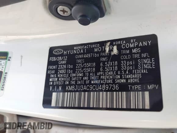 2012 Hyundai Tucson GLS с VIN KM8JU3AC9CU489736, выставлен на аукционе IAAI как лот 41898415 с пробегом 158 961 миль миль и . История ставок и продаж доступна на DreamBid. Изображение 9.