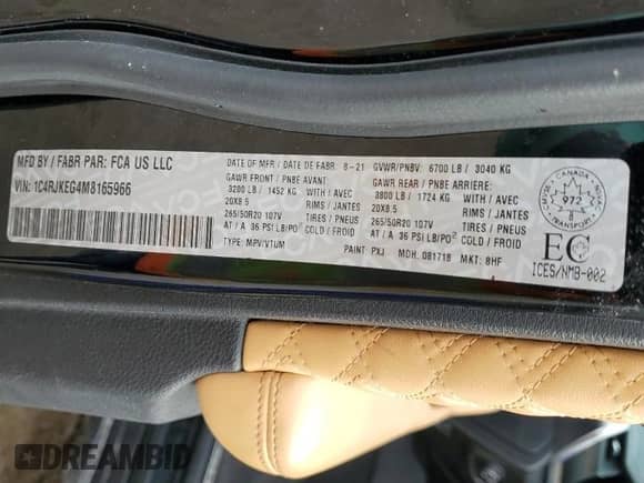 2021 Jeep Grand Cherokee Summit Reserve with VIN 1C4RJKEG4M8165966, listed as a Copart auction lot 43779215 with 57,122 mi miles and Salvage title. Bid and sale history available at DreamBid. Image 14.