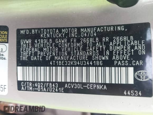 2004 Toyota Camry LE с VIN 4T1BE32K94U344186, выставлен на аукционе IAAI как лот 43401420 с пробегом 256 241 миль миль и . История ставок и продаж доступна на DreamBid. Изображение 9.