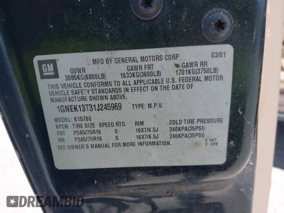 2001 Chevrolet Tahoe LS с VIN 1GNEK13T31J245969, выставлен на аукционе IAAI как лот 43079430 с пробегом 159 539 миль миль и . История ставок и продаж доступна на DreamBid. Изображение 9.