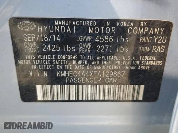 2015 Hyundai Sonata с VIN KMHEC4A4XFA129867, выставлен на аукционе Copart как лот 86265265 с пробегом Не указан миль и Чистый • Clean title. История ставок и продаж доступна на DreamBid. Изображение 12.