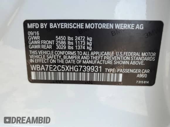 2017 BMW 7 Series 740i with VIN WBA7E2C5XHG739931, listed as a Copart auction lot 81453395 with 121,438 mi miles and Clean title. Bid and sale history available at DreamBid. Image 12.