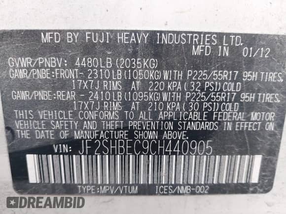 2012 Subaru Forester X Limited z VIN JF2SHBEC9CH440905, wystawiony jako IAAI lot #43238587 z przebiegiem 190 878 mil mil oraz . Historia ofert i sprzedaży dostępna na DreamBid. Obrazek 9.