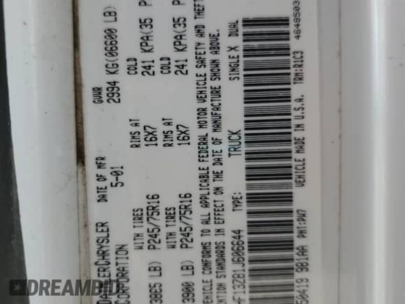 2001 Dodge 1500 с VIN 1B7HF13Z81J606644, выставлен на аукционе Copart как лот 65555535 с пробегом 162 252 миль миль и Списание • Salvage title. История ставок и продаж доступна на DreamBid. Изображение 12.