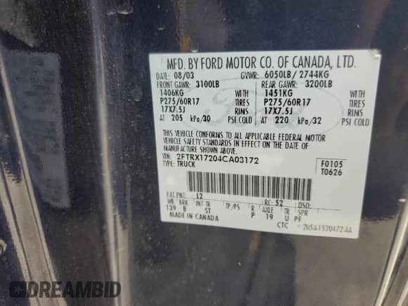 2004 Ford F-150 XL with VIN 2FTRX17204CA03172, listed as a Copart auction lot 55334945 with Not provided miles and Salvage title. Bid and sale history available at DreamBid. Image 12.