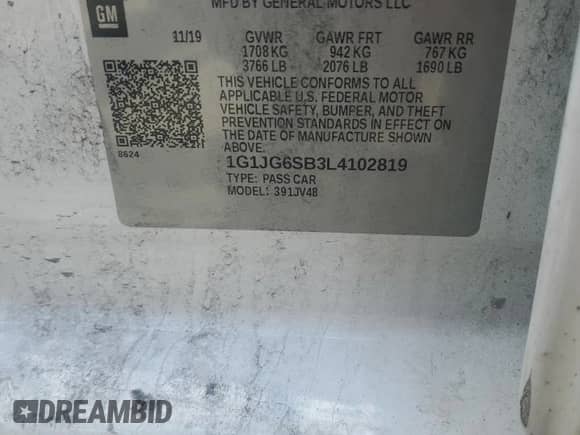 2020 Chevrolet Sonic LT with VIN 1G1JG6SB3L4102819, listed as a Copart auction lot 71424215 with 150,543 mi miles and Salvage title. Bid and sale history available at DreamBid. Image 13.