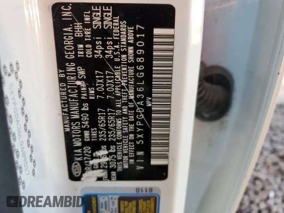 2020 Kia Sorento LX с VIN 5XYPGDA36LG689017, выставлен на аукционе Copart как лот 54097405 с пробегом 31 512 миль миль и Списание • Salvage title. История ставок и продаж доступна на DreamBid. Изображение 14.