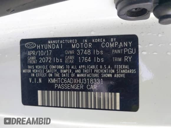 2017 Hyundai Veloster with VIN KMHTC6ADXHU318331, listed as a IAAI auction lot 41588356 with 48,282 mi miles and . Bid and sale history available at DreamBid. Image 9.