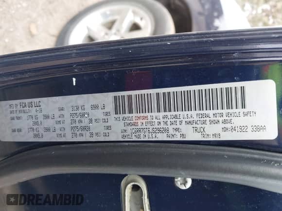 2018 Ram 1500 Big Horn with VIN 1C6RR7GT6JS296208, listed as a IAAI auction lot 41546701 with 47,643 mi miles and . Bid and sale history available at DreamBid. Image 9.