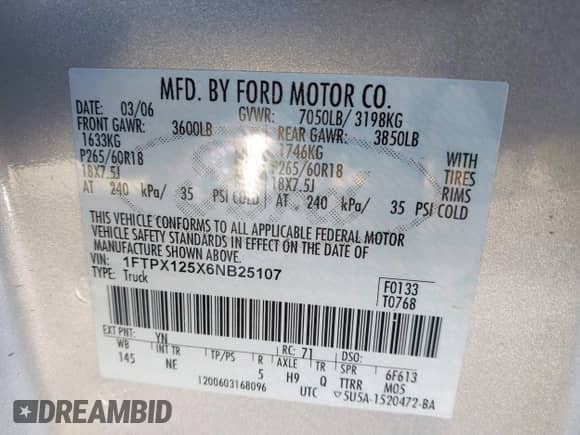 2006 Ford F-150 XLT with VIN 1FTPX125X6NB25107, listed as a IAAI auction lot 41439137 with 148,525 mi miles and . Bid and sale history available at DreamBid. Image 9.