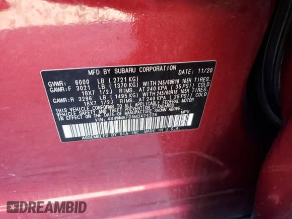 2021 Subaru Ascent Premium с VIN 4S4WMAFD5M3424336, выставлен на аукционе Copart как лот 82283585 с пробегом 90 917 миль миль и На запчасти • Non repairable. История ставок и продаж доступна на DreamBid. Изображение 14.