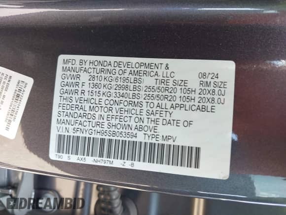 2025 Honda Pilot Black Edition с VIN 5FNYG1H95SB053594, выставлен на аукционе IAAI как лот 41870837 с пробегом 3 565 миль миль и . История ставок и продаж доступна на DreamBid. Изображение 9.