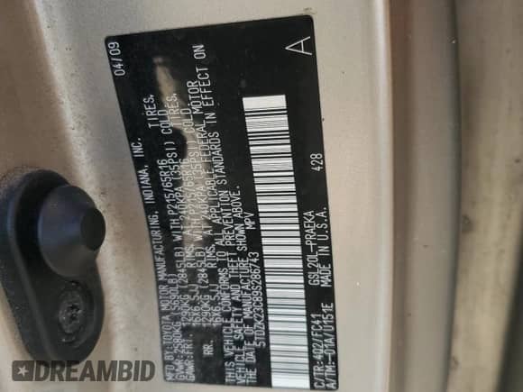 2009 Toyota Sienna CE с VIN 5TDZK23C89S286743, выставлен на аукционе Copart как лот 82592565 с пробегом 281 249 миль миль и Чистый • Clean title. История ставок и продаж доступна на DreamBid. Изображение 13.