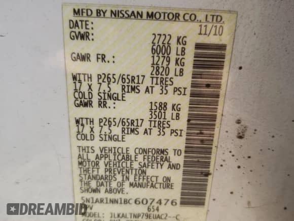 2011 Nissan Pathfinder LE with VIN 5N1AR1NN1BC607476, listed as a Copart auction lot 43269525 with 240,215 mi miles and Salvage title. Bid and sale history available at DreamBid. Image 13.